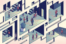 illustration of an office building with one person knitting sweaters that connect other employees