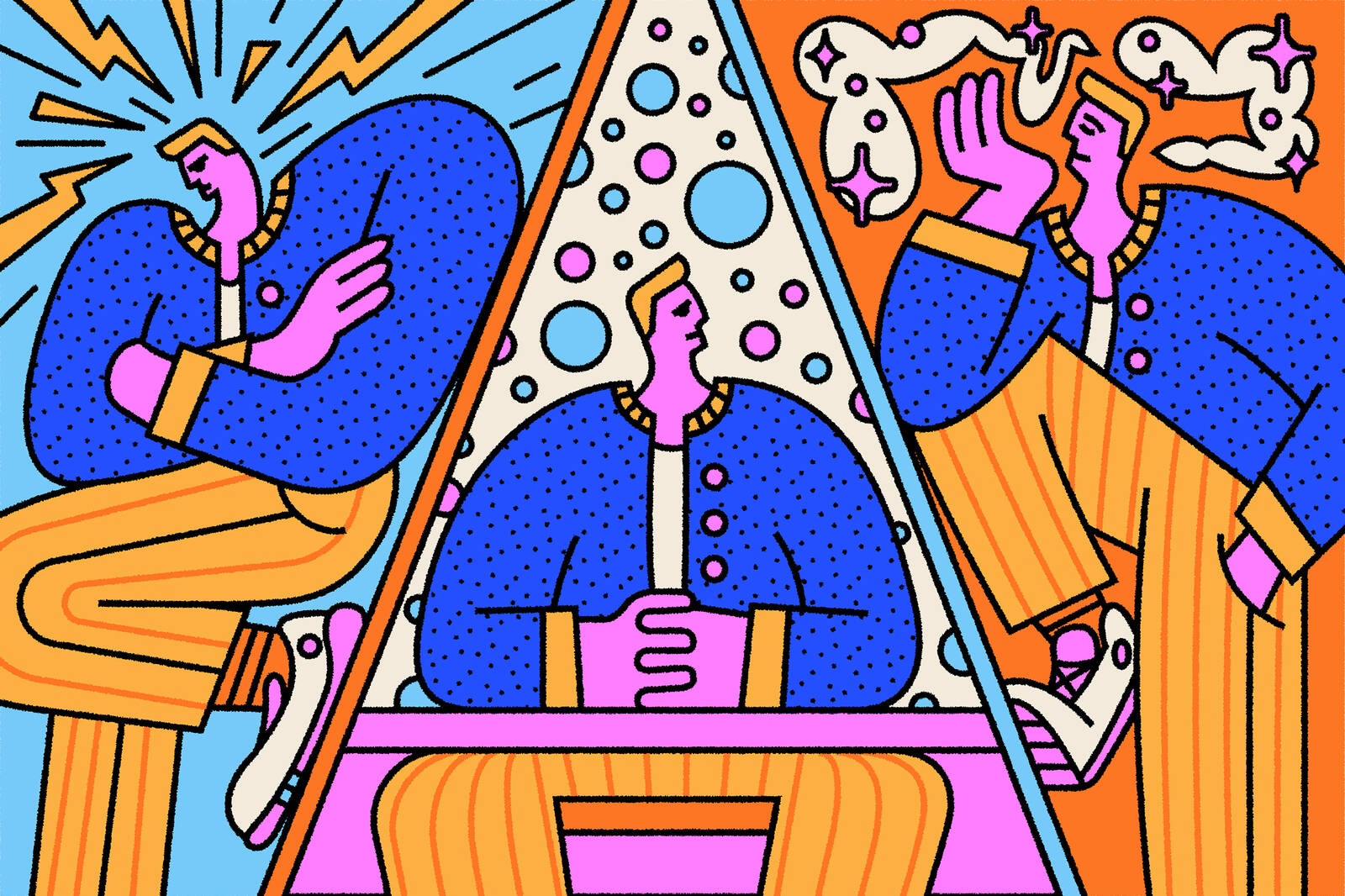 illustration of a person in three panels moving from anger to thoughtfulness to acceptance