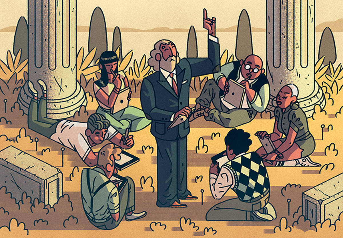 A business leader communicates complex ideas to a circle of employees.