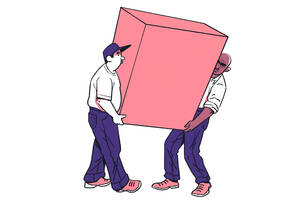illustratoin of two people in purple pants and white shirts lifting a giant salmon-colored box