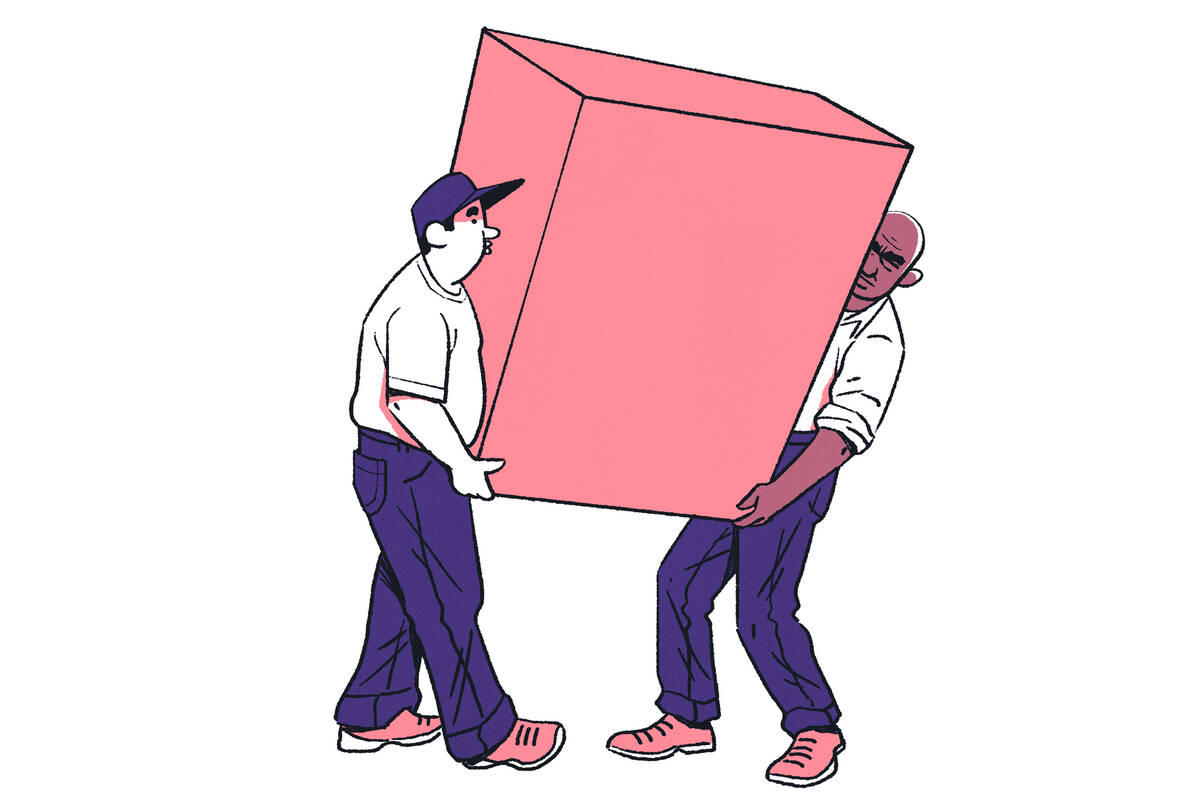 illustratoin of two people in purple pants and white shirts lifting a giant salmon-colored box
