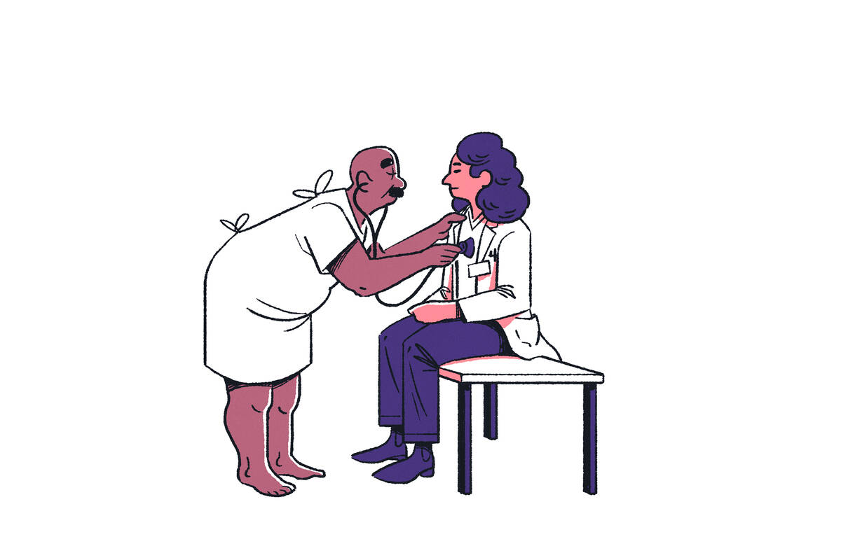 illustratoin of a patient in a gown using a stethoscope to listen to their doctor's heartbeat.