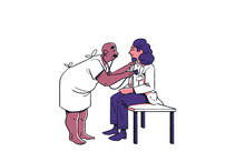 illustratoin of a patient in a gown using a stethoscope to listen to their doctor's heartbeat.