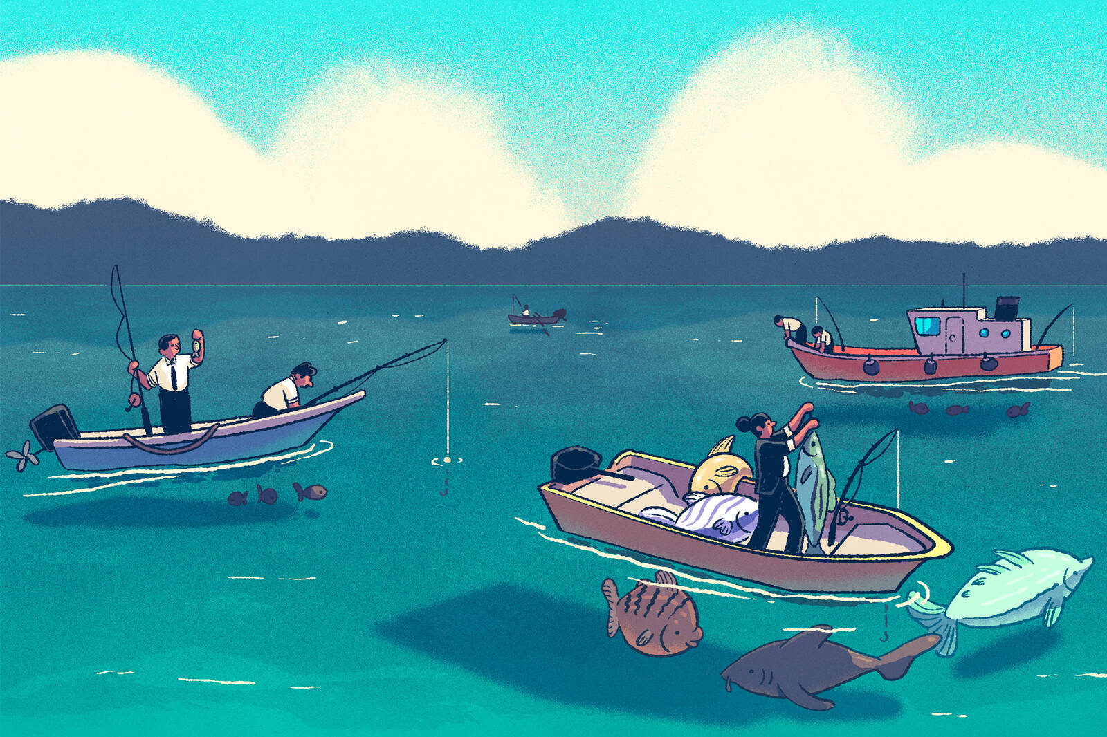 illustration of several bankers fishing from small boats, with one pulling in giant colorful fish while others catch tiny gray fish.