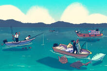 illustration of several bankers fishing from small boats, with one pulling in giant colorful fish while others catch tiny gray fish.