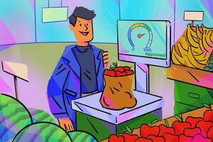 illustration of person in grocery weighing a bag of apples on a scale that is measuring their credit score