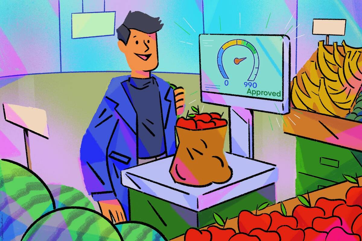 illustration of person in grocery weighing a bag of apples on a scale that is measuring their credit score