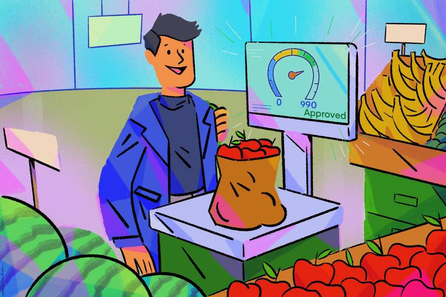 illustration of person in grocery weighing a bag of apples on a scale that is measuring their credit score