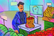 illustration of person in grocery weighing a bag of apples on a scale that is measuring their credit score
