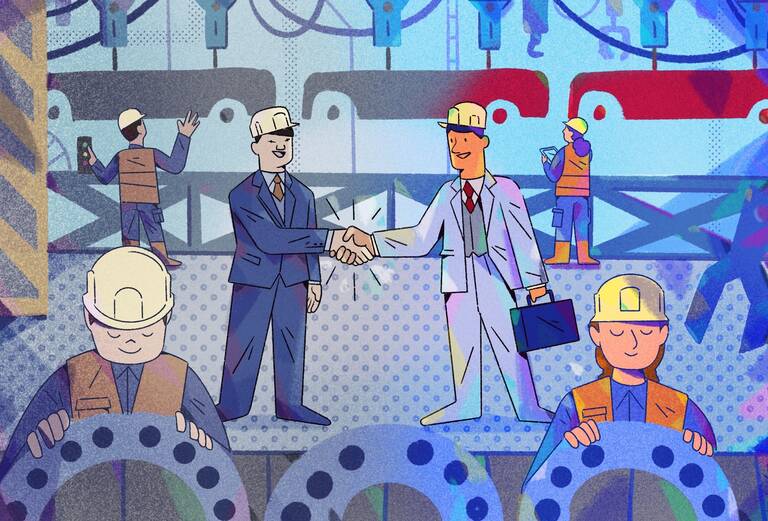 illustration of auto factory where two executives are shaking hands on the assembly floor