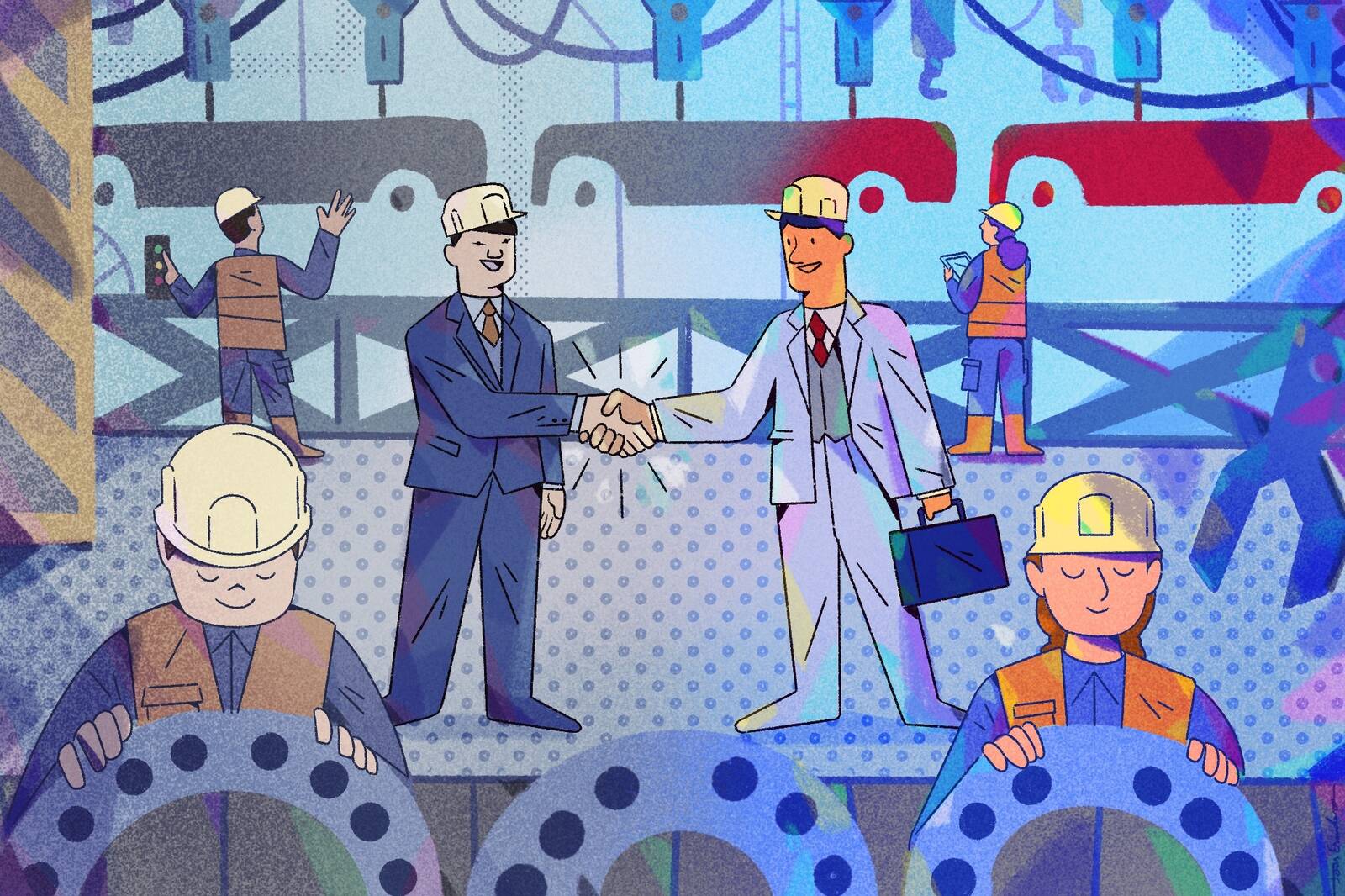 illustration of auto factory where two executives are shaking hands on the assembly floor