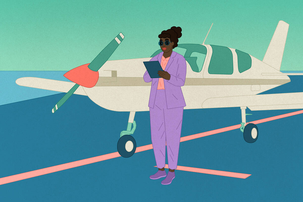 illustration of a female pilot checking small aircraft before flight
