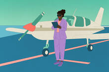 illustration of a female pilot checking small aircraft before flight