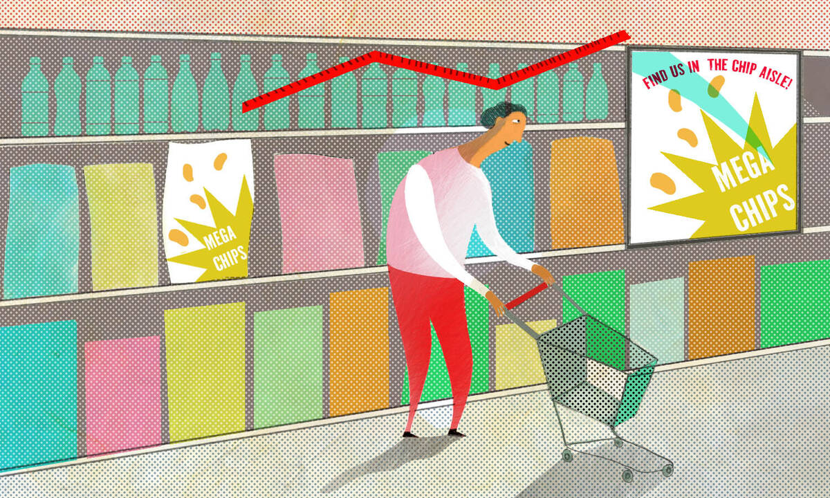 illustration of person grocery shopping, looking at a screen advertising potato chips