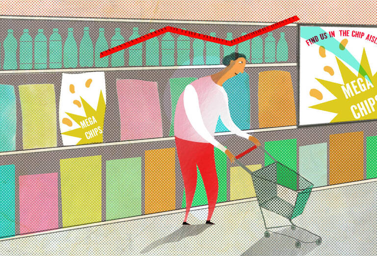 illustration of person grocery shopping, looking at a screen advertising potato chips