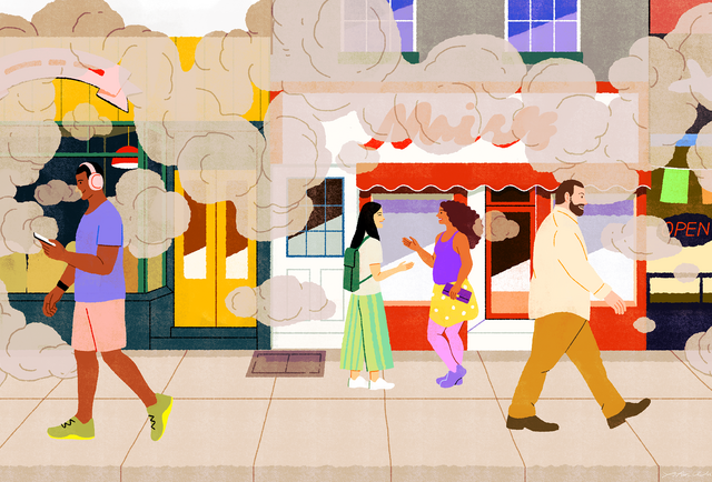 illustration of a street scene with people going about their days among clouds of pollutions