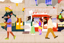 illustration of a street scene with people going about their days among clouds of pollutions