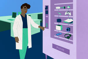 A woman in a lab coat presses a button on a purple vending machine containing various items including shoes, a toaster, a video game controller, and a hypodermic needle.