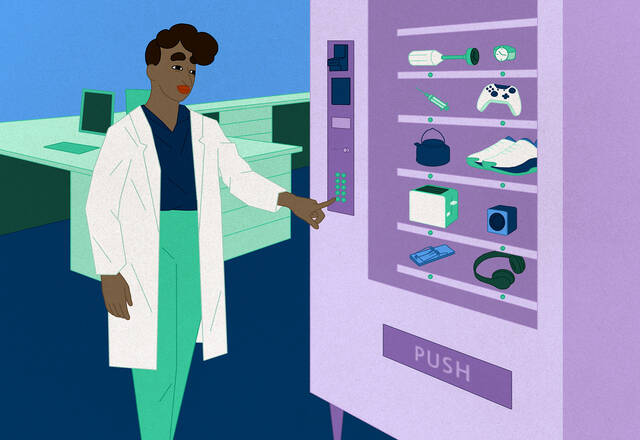 A woman in a lab coat presses a button on a purple vending machine containing various items including shoes, a toaster, a video game controller, and a hypodermic needle.