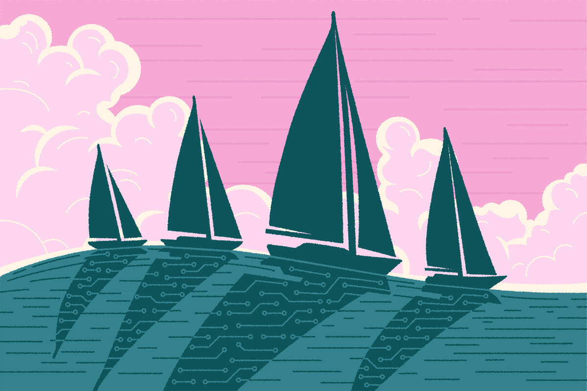 Blue-green silhouettes of sailing ships on an ocean swell, their shadows create circuit board patterns in the water. Background is a pink cloudy sky.