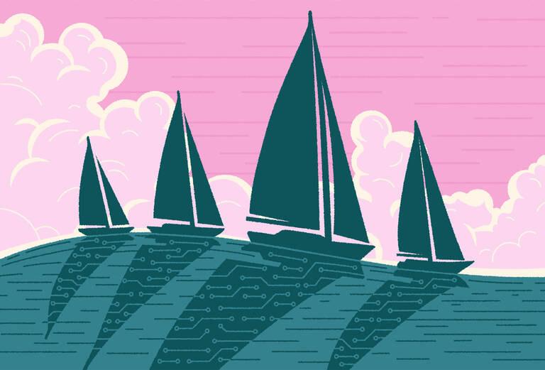 Blue-green silhouettes of sailing ships on an ocean swell, their shadows create circuit board patterns in the water. Background is a pink cloudy sky.