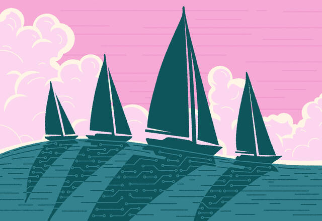 Blue-green silhouettes of sailing ships on an ocean swell, their shadows create circuit board patterns in the water. Background is a pink cloudy sky.
