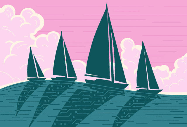 Blue-green silhouettes of sailing ships on an ocean swell, their shadows create circuit board patterns in the water. Background is a pink cloudy sky.