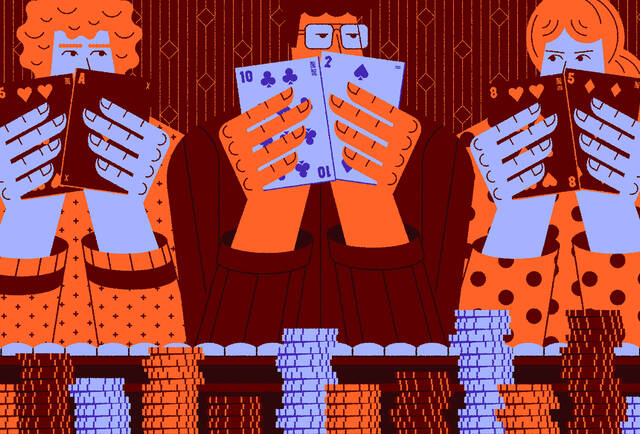 illustration of three people playing cards while holding their cards facing out