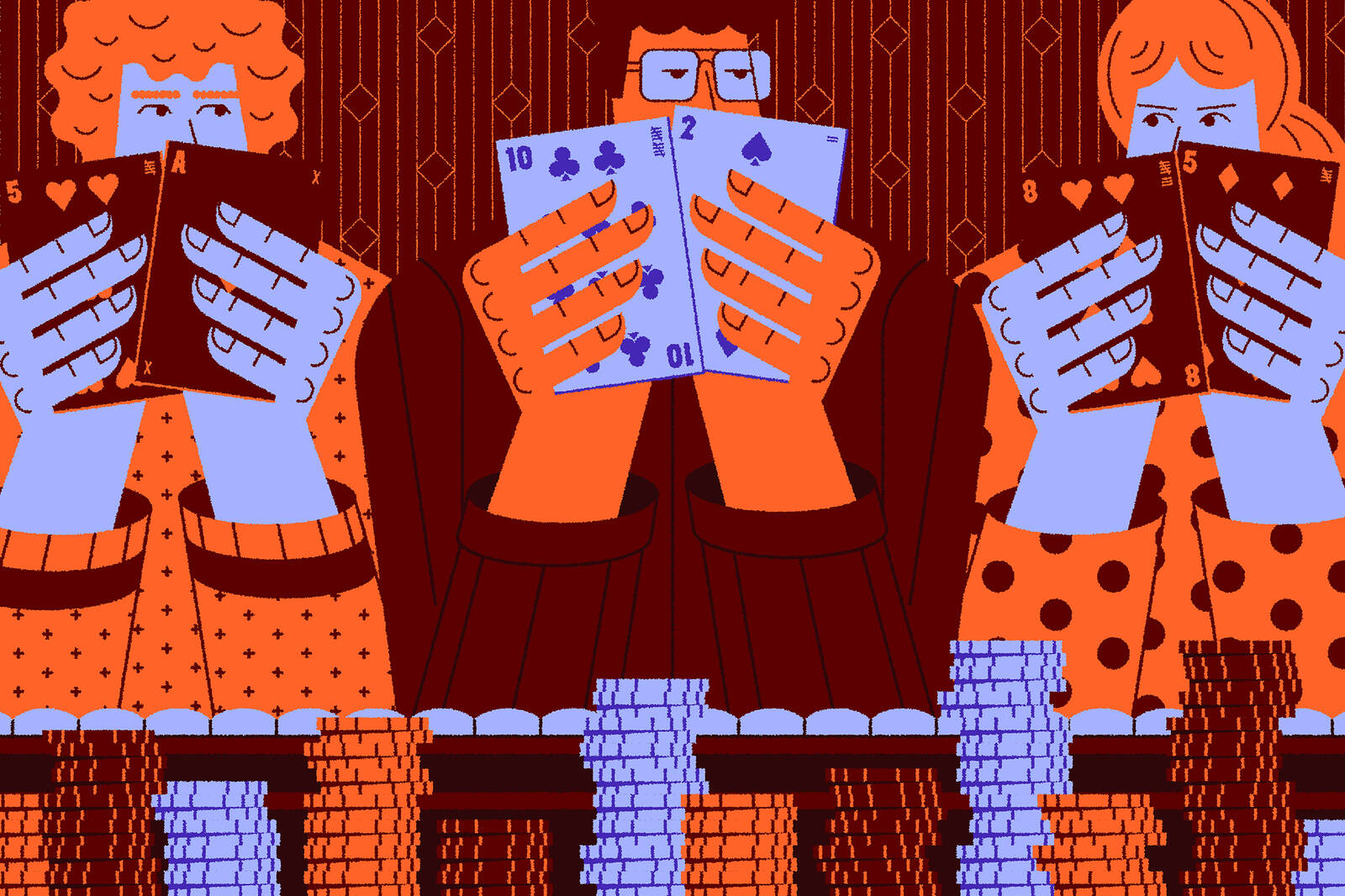 illustration of three people playing cards while holding their cards facing out