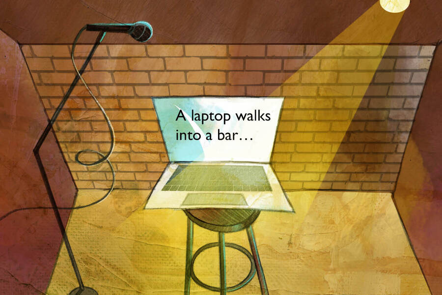 standup comedy club with laptop as comedian