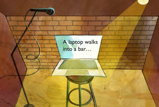 standup comedy club with laptop as comedian