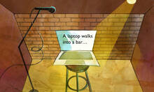 standup comedy club with laptop as comedian