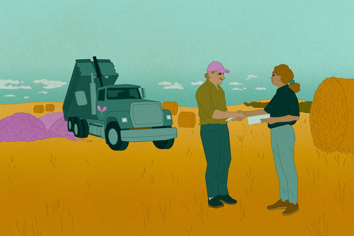 farmer shaking hands with dumptruck driver who has just delivered a load of fertilizer