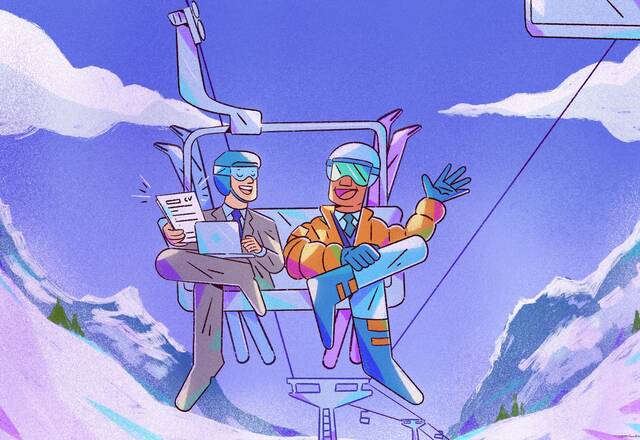 illustration of a hiring manager interviewing a job candidate on a ski lift