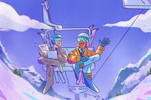 illustration of a hiring manager interviewing a job candidate on a ski lift