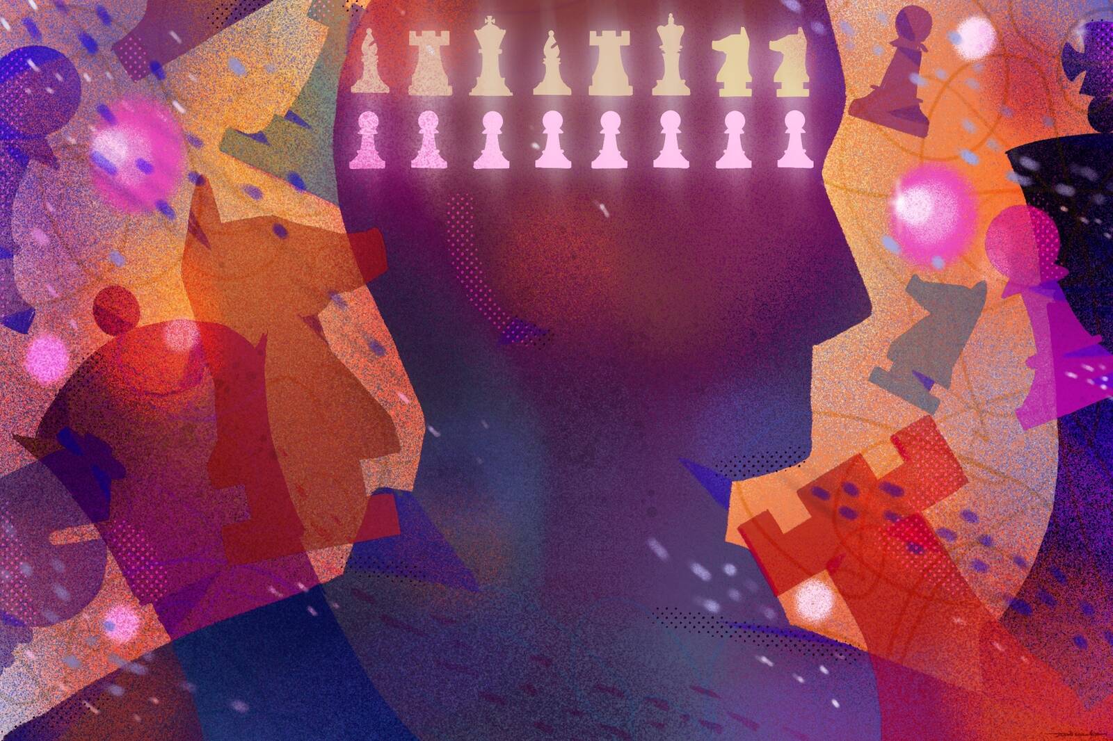 illustration of a human silhouette with chess pieces in its head an flying around the head.