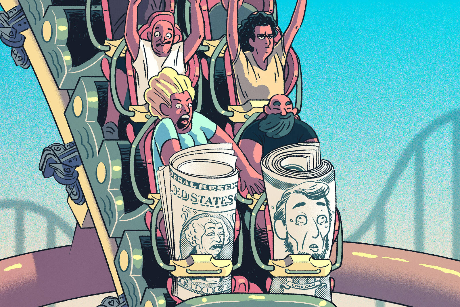 roller coaster with rolls of dollar bills in the front car