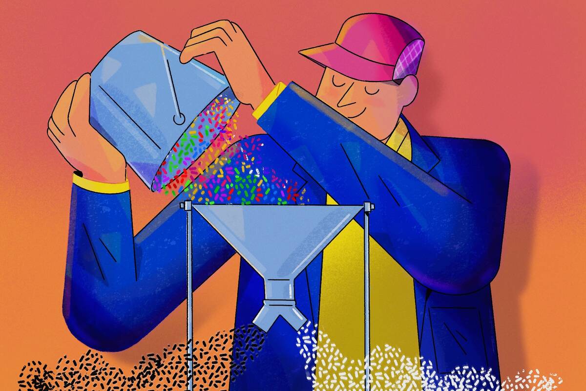 illustration of a person pouring colorful pellets into a funnel, with the pellets coming out of two downspouts as black and white.