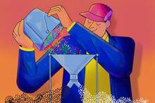 illustration of a person pouring colorful pellets into a funnel, with the pellets coming out of two downspouts as black and white.