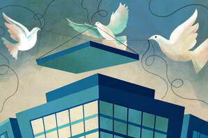 illustration of doves lowering the roof onto a corporate building