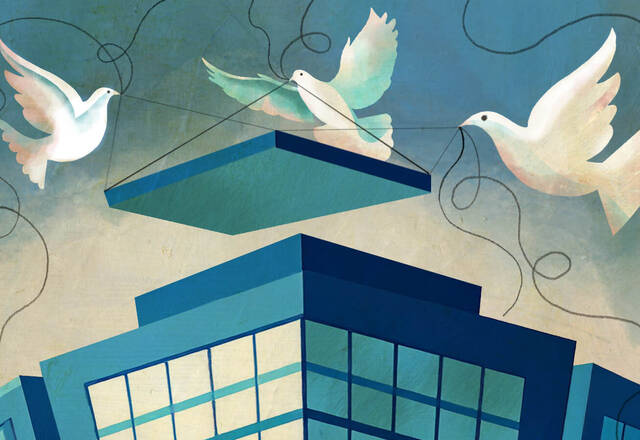 illustration of doves lowering the roof onto a corporate building