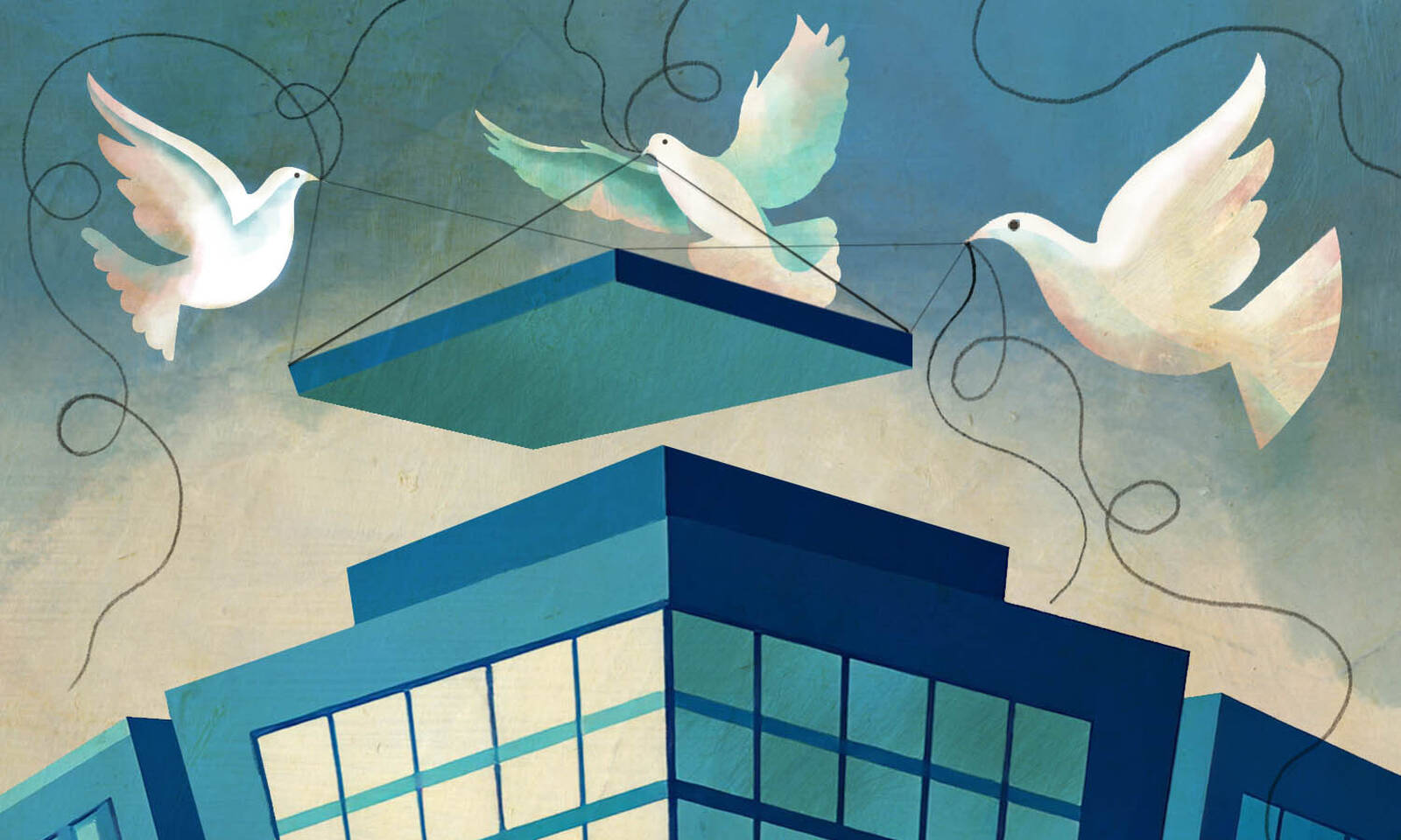 illustration of doves lowering the roof onto a corporate building