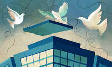 illustration of doves lowering the roof onto a corporate building