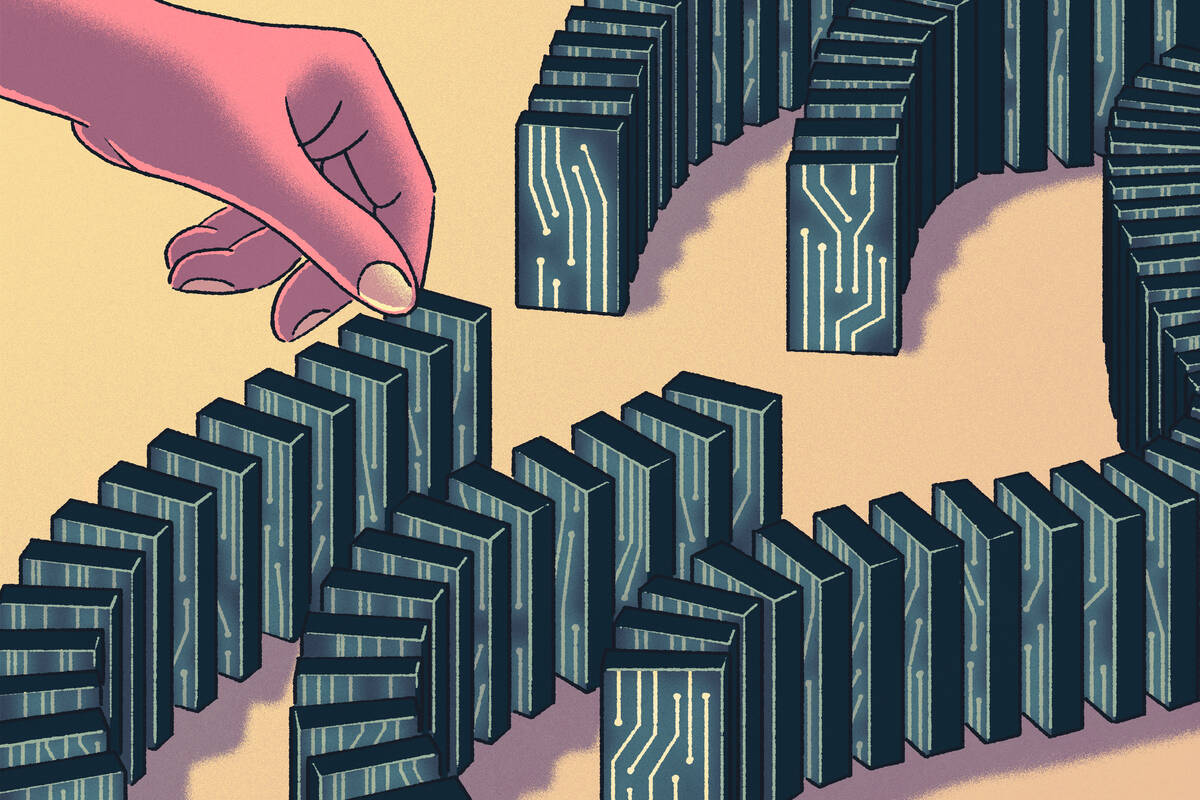 illustration of a domino fall with circuit board pips on the dominoes