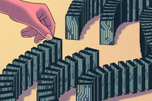 illustration of a domino fall with circuit board pips on the dominoes