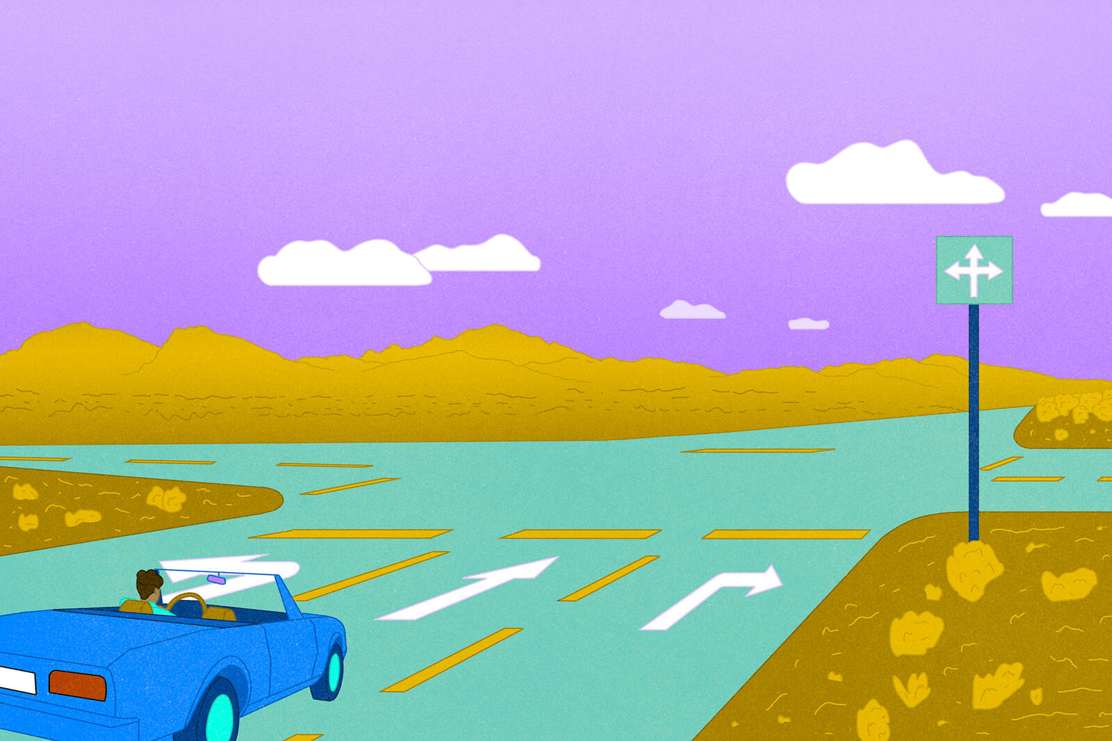 illustration of a car pulling up to an intersection with left and right turn lanes