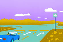 illustration of a car pulling up to an intersection with left and right turn lanes