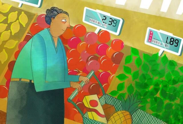 illustration of person shopping in produce section with electronic price tags on produce