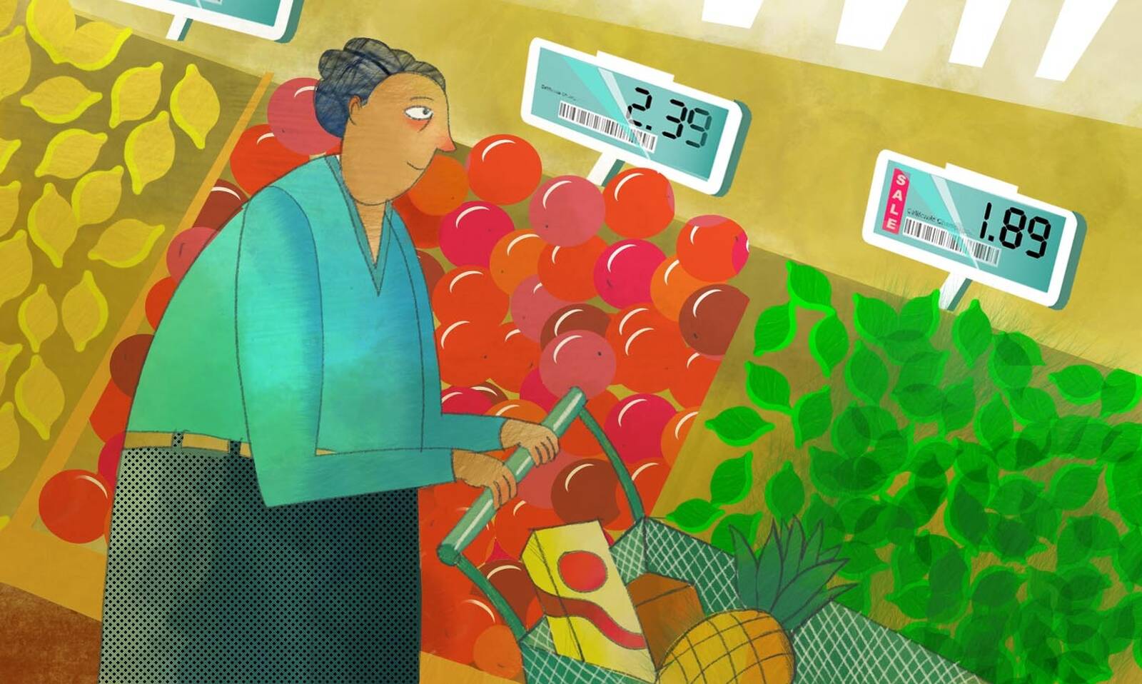illustration of person shopping in produce section with electronic price tags on produce