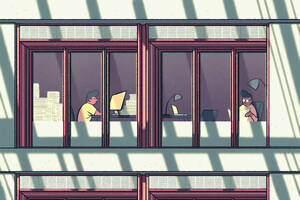 illustration of the exterior of a university faculty office building with a younger professor in a cluttered office in one window and an older professor in a sparely appointed office in the other.